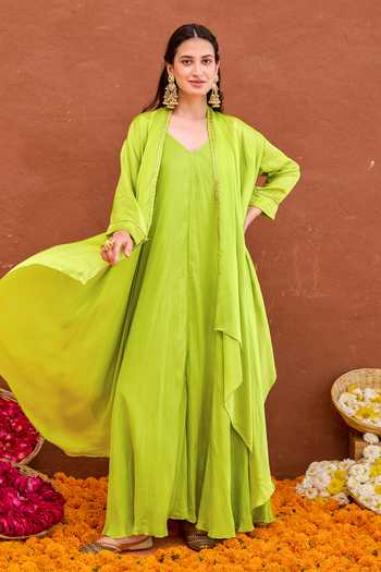 Buy Taro Green Silk, Crepe, Satin V-, Open Meher Dress And Jacket Set Online at Aza Fashions Buy_Taro_Green Silk, Crepe, Satin V-, Open Meher Dress And Jacket Set _Online_at_Aza_Fashions