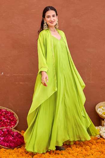 Shop Taro Green Silk, Crepe, Satin V-, Open Meher Dress And Jacket Set Online at Aza Fashions Shop_Taro_Green Silk, Crepe, Satin V-, Open Meher Dress And Jacket Set _Online_at_Aza_Fashions