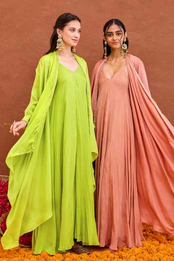 Taro Green Silk, Crepe, Satin V-, Open Meher Dress And Jacket Set at Aza Fashions Taro_Green Silk, Crepe, Satin V-, Open Meher Dress And Jacket Set _at_Aza_Fashions
