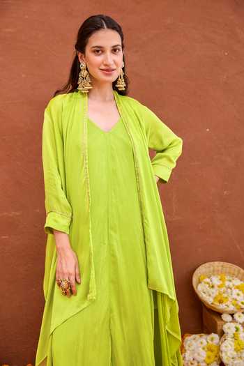 Buy Taro Green Silk, Crepe, Satin V-, Open Meher Dress And Jacket Set Buy_Taro_Green Silk, Crepe, Satin V-, Open Meher Dress And Jacket Set