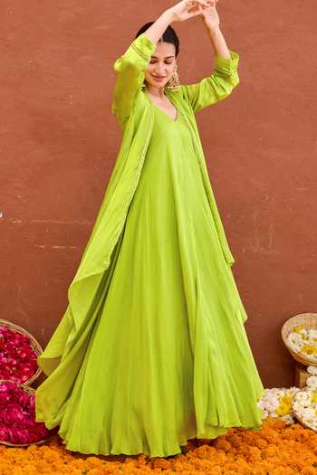 Shop Taro Green Silk, Crepe, Satin V-, Open Meher Dress And Jacket Set Shop_Taro_Green Silk, Crepe, Satin V-, Open Meher Dress And Jacket Set