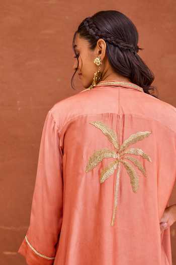 Taro_Pink Silk, Crepe, Satin V-neck Taru Dress And Layered Jacket Set _Online_at_Aza_Fashions
