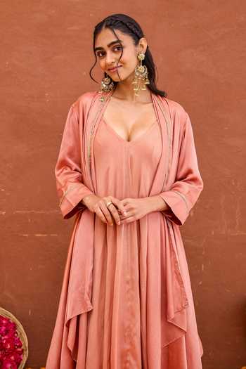 Buy_Taro_Pink Silk, Crepe, Satin V-neck Taru Dress And Layered Jacket Set _Online_at_Aza_Fashions