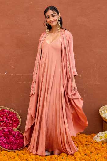 Shop_Taro_Pink Silk, Crepe, Satin V-neck Taru Dress And Layered Jacket Set _Online_at_Aza_Fashions