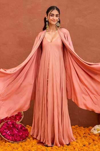 Taro_Pink Silk, Crepe, Satin V-neck Taru Dress And Layered Jacket Set _at_Aza_Fashions