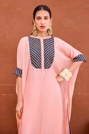 Buy Taro Peach Silk, Modal Round Neck Dhara Embellished Kaftan And Pant Set Online at Aza Fashions Buy_Taro_Peach Silk, Modal Round Neck Dhara Embellished Kaftan And Pant Set _Online_at_Aza_Fashions