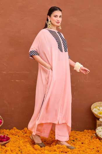 Shop Taro Peach Silk, Modal Round Neck Dhara Embellished Kaftan And Pant Set Online at Aza Fashions Shop_Taro_Peach Silk, Modal Round Neck Dhara Embellished Kaftan And Pant Set _Online_at_Aza_Fashions