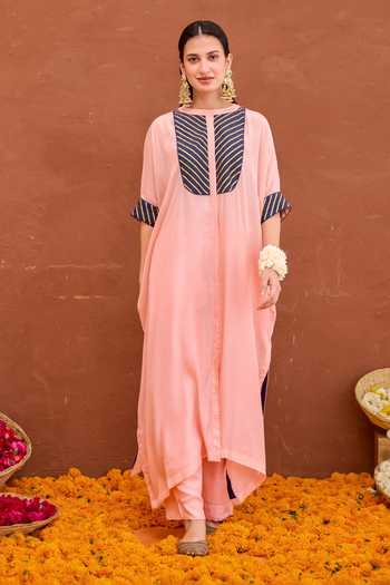Taro Peach Silk, Modal Round Neck Dhara Embellished Kaftan And Pant Set at Aza Fashions Taro_Peach Silk, Modal Round Neck Dhara Embellished Kaftan And Pant Set _at_Aza_Fashions