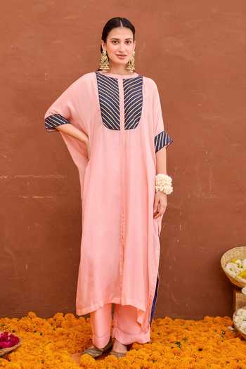 Buy Taro Peach Silk, Modal Round Neck Dhara Embellished Kaftan And Pant Set Buy_Taro_Peach Silk, Modal Round Neck Dhara Embellished Kaftan And Pant Set