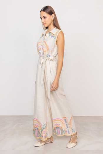 Buy RANNA GILL Beige Linen Collared Neck Maria Sleeveless Jumpsuit Online at Aza Fashions Buy_RANNA GILL_Beige Linen Collared Neck Maria Sleeveless Jumpsuit _Online_at_Aza_Fashions