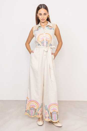Shop RANNA GILL Beige Linen Collared Neck Maria Sleeveless Jumpsuit Online at Aza Fashions Shop_RANNA GILL_Beige Linen Collared Neck Maria Sleeveless Jumpsuit _Online_at_Aza_Fashions