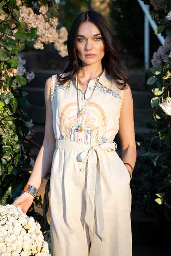 RANNA GILL Beige Linen Collared Neck Maria Sleeveless Jumpsuit at Aza Fashions RANNA GILL_Beige Linen Collared Neck Maria Sleeveless Jumpsuit _at_Aza_Fashions