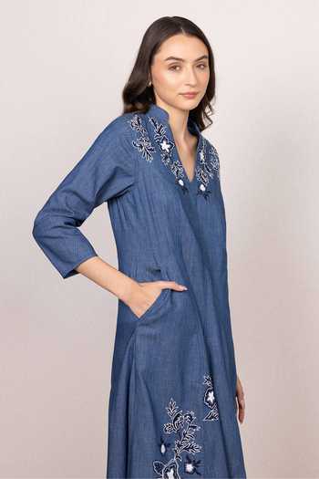 RANNA GILL_Blue Denim Split V-neck Vireo Panel Midi Dress _Online_at_Aza_Fashions