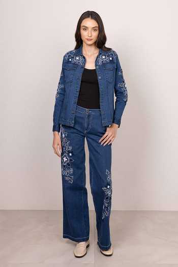 RANNA GILL_Blue Denim Collared Neck Velin Panel Jacket _Online_at_Aza_Fashions