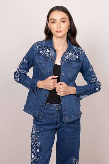 Shop_RANNA GILL_Blue Denim Collared Neck Velin Panel Jacket _Online_at_Aza_Fashions