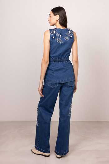 RANNA GILL_Blue Denim V-neck Roxy Waistcoat _Online_at_Aza_Fashions
