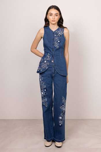 Shop_RANNA GILL_Blue Denim V-neck Roxy Waistcoat _Online_at_Aza_Fashions
