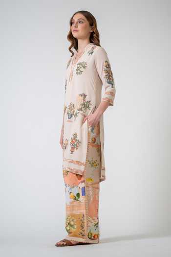 RANNA GILL_Beige Georgette V-neck Ornella Printed Tunic _Online_at_Aza_Fashions