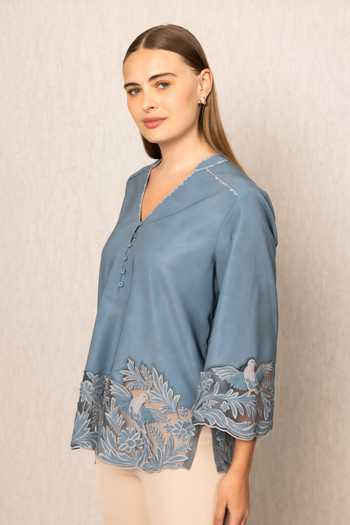 RANNA GILL_Blue Crinkle V-neck Roselake Tonal Embroidered Top _Online_at_Aza_Fashions