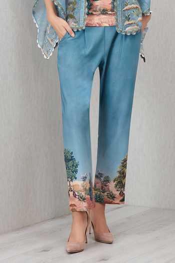 RANNA GILL_Blue Crinkle, Polyester Solmera Landscape Print Pant _Online_at_Aza_Fashions