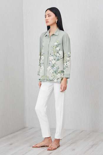 Buy_RANNA GILL_Green Crepe Collared Neck Ashby Embroidered Shirt _Online_at_Aza_Fashions