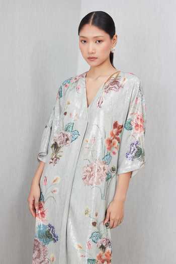 Shop_RANNA GILL_Green Polyester V-neck Laurel Sequin Tunic And Pant Set _Online_at_Aza_Fashions