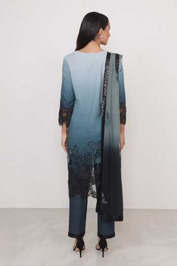 Shop RANNA GILL Black Crinkle, Polyester V-neck Vina Floral Applique Tunic Set at Aza Fashions Shop_RANNA GILL_Black Crinkle, Polyester V-neck Vina Floral Applique Tunic Set _at_Aza_Fashions