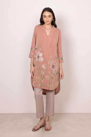 RANNA GILL Peach Crepe V-neck Maris Floral Print Tunic Online at Aza Fashions RANNA GILL_Peach Crepe V-neck Maris Floral Print Tunic _Online_at_Aza_Fashions