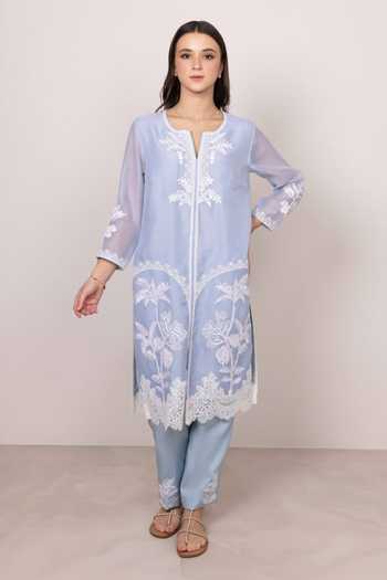 Buy RANNA GILL Blue Linen Split V-neck Jigsa Floral Embroidered Tunic And Pant Set Online at Aza Fashions Buy_RANNA GILL_Blue Linen Split V-neck Jigsa Floral Embroidered Tunic And Pant Set _Online_at_Aza_Fashions