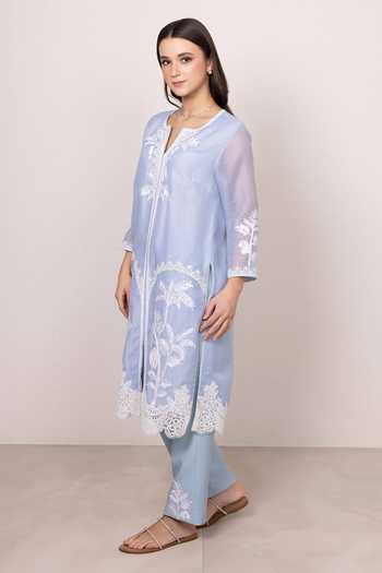 Shop RANNA GILL Blue Linen Split V-neck Jigsa Floral Embroidered Tunic And Pant Set Online at Aza Fashions Shop_RANNA GILL_Blue Linen Split V-neck Jigsa Floral Embroidered Tunic And Pant Set _Online_at_Aza_Fashions