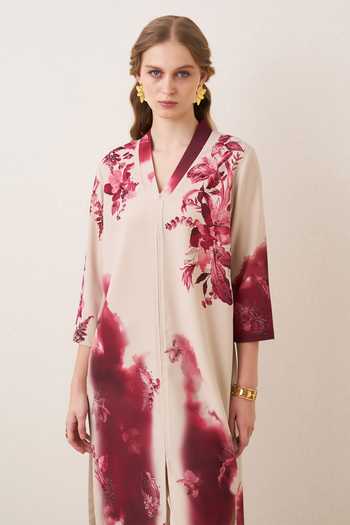 Buy_RANNA GILL_Red Crepe, Polyester V-neck Averna Printed Tunic And Pant Set _Online_at_Aza_Fashions