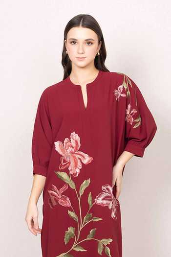 Shop RANNA GILL Maroon Crepe Split V-neck, Yes Sereno Floral Artwork Tunic Online at Aza Fashions Shop_RANNA GILL_Maroon Crepe Split V-neck, Yes Sereno Floral Artwork Tunic _Online_at_Aza_Fashions