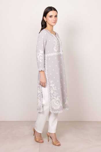 Buy_Ranna Gill_Grey Crinkle, Polyester Split V-neck Lumen Embroidered Tunic _Online_at_Aza_Fashions