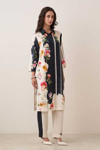 RANNA GILL_Black Tencel Collared Neck, Yes Terra Floral Print Tunic And Pant Set _Online_at_Aza_Fashions