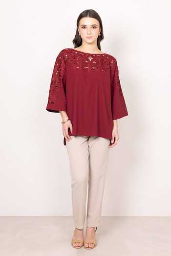RANNA GILL Maroon Crepe Round Neck Milo Cutwork Embroidered Top Online at Aza Fashions RANNA GILL_Maroon Crepe Round Neck Milo Cutwork Embroidered Top _Online_at_Aza_Fashions