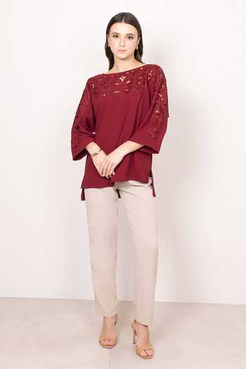 Buy RANNA GILL Maroon Crepe Round Neck Milo Cutwork Embroidered Top Online at Aza Fashions Buy_RANNA GILL_Maroon Crepe Round Neck Milo Cutwork Embroidered Top _Online_at_Aza_Fashions