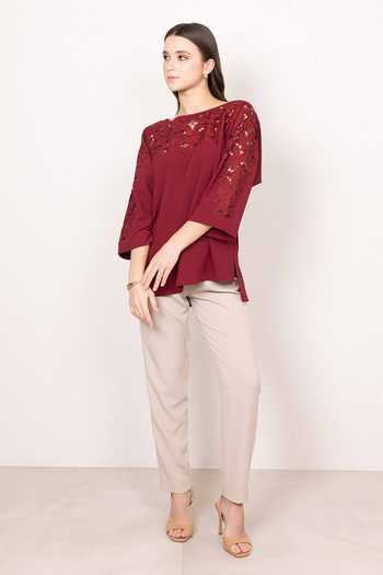 Shop RANNA GILL Maroon Crepe Round Neck Milo Cutwork Embroidered Top Online at Aza Fashions Shop_RANNA GILL_Maroon Crepe Round Neck Milo Cutwork Embroidered Top _Online_at_Aza_Fashions