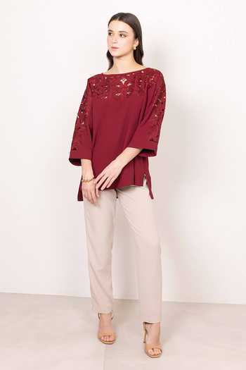 RANNA GILL Maroon Crepe Round Neck Milo Cutwork Embroidered Top at Aza Fashions RANNA GILL_Maroon Crepe Round Neck Milo Cutwork Embroidered Top _at_Aza_Fashions