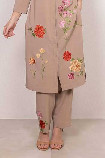 RANNA GILL_Beige Crinkle, Polyester Collared Neck Citrine Floral Print Tunic And Pant Set _Online_at_Aza_Fashions