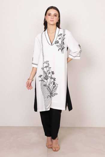 Ranna Gill_White Crepe V-neck Marisol Botanic Print Tunic _Online_at_Aza_Fashions