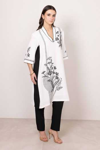Shop_Ranna Gill_White Crepe V-neck Marisol Botanic Print Tunic _Online_at_Aza_Fashions