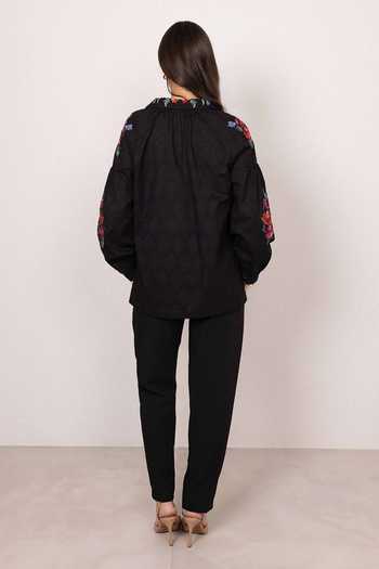 RANNA GILL_Black Cotton Collared Neck Lunera Floral Embroidered Shirt _Online_at_Aza_Fashions
