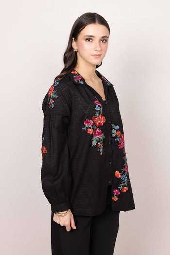 Buy_RANNA GILL_Black Cotton Collared Neck Lunera Floral Embroidered Shirt _Online_at_Aza_Fashions