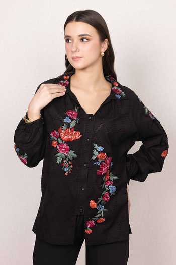 Shop_RANNA GILL_Black Cotton Collared Neck Lunera Floral Embroidered Shirt _Online_at_Aza_Fashions