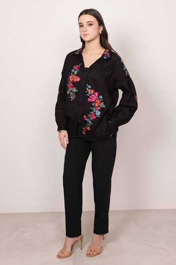 RANNA GILL_Black Cotton Collared Neck Lunera Floral Embroidered Shirt _at_Aza_Fashions