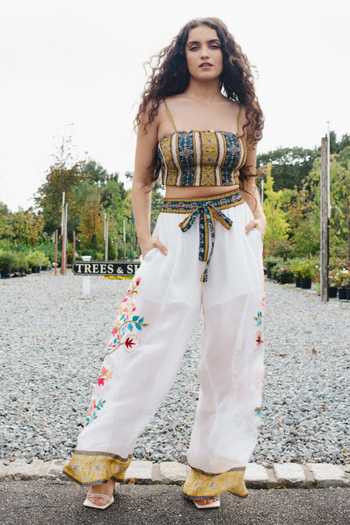 Buy_RANNA GILL_Multi Color Organza, Viscose Bandeau Neck Hanna Stripe Bustier Top _Online_at_Aza_Fashions