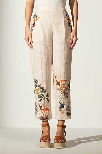 RANNA GILL_Multi Color Linen Violet Rara Amazon Print Pant _Online_at_Aza_Fashions