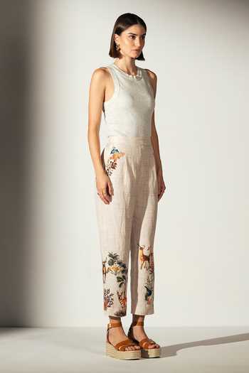 Shop_RANNA GILL_Multi Color Linen Violet Rara Amazon Print Pant _Online_at_Aza_Fashions