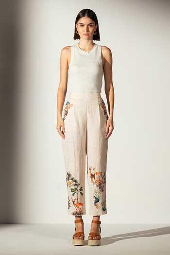 RANNA GILL_Multi Color Linen Violet Rara Amazon Print Pant _at_Aza_Fashions