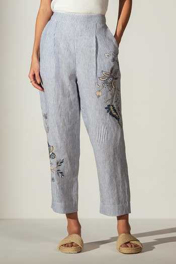 RANNA GILL_Blue Linen Ella Rara Stripe Pant _Online_at_Aza_Fashions